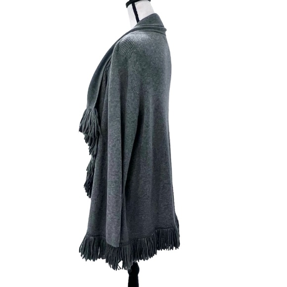 CATHERINE MALANDRINO GRAY WOOL & CASHMERE RIBBED KNIT OPEN CARDIGAN WITH FRINGE - Picture 8 of 13